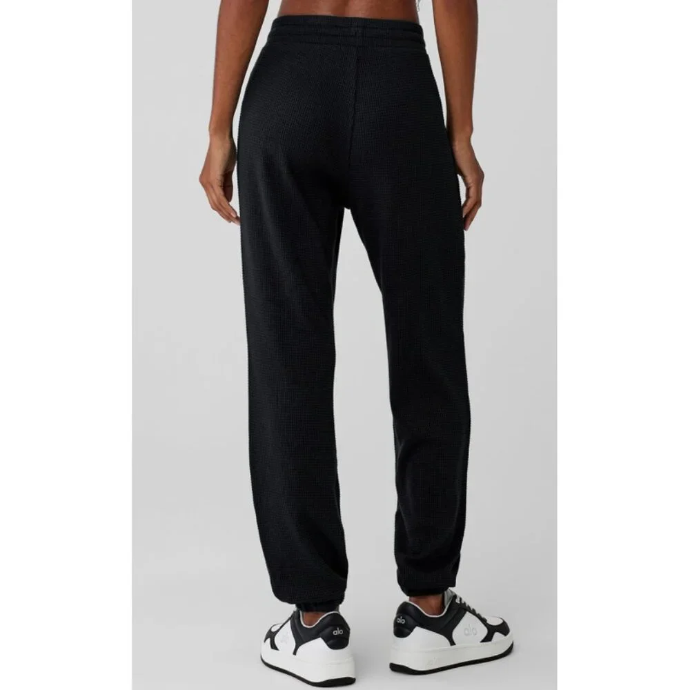 Alo Waffle Weekend Escape Joggers Black High-Rise Waist Thermal Sweats Sweatpant